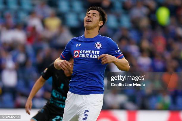 Francisco Silva of Cruz Azul reacts after missing a penalty shot during the 10th round match between Cruz Azul and Queretaro as part of the Torneo...