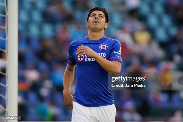 Francisco Silva of Cruz Azul reacts after missing a penalty shot during the 10th round match between Cruz Azul and Queretaro as part of the Torneo...
