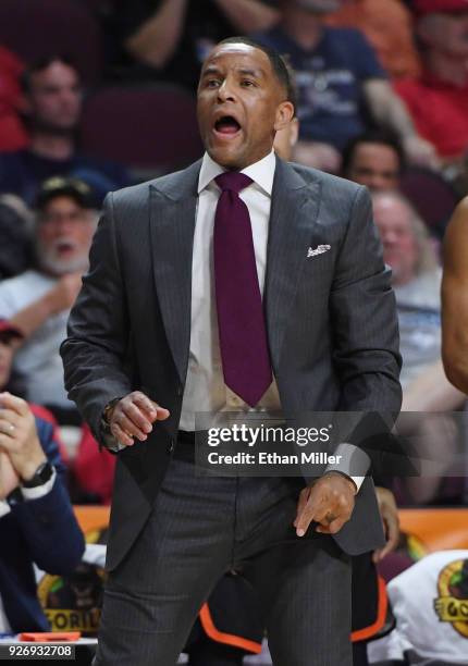 Head coach Damon Stoudamire of the Pacific Tigers reacts during a quarterfinal game of the West Coast Conference basketball tournament against the...