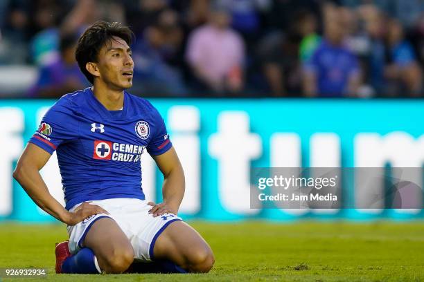 Angel Mena of Cruz Azul reacts during the 10th round match between Cruz Azul and Queretaro as part of the Torneo Clausura 2018 Liga MX at Azul...