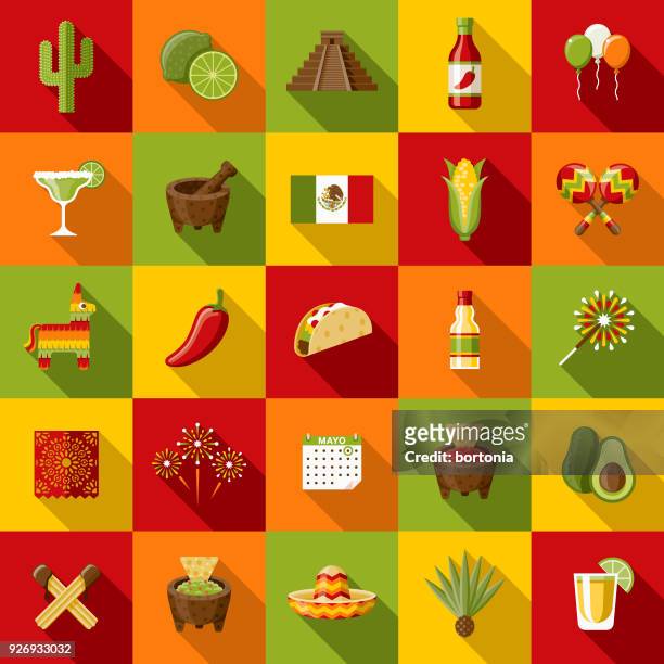 illustrazioni stock, clip art, cartoni animati e icone di tendenza di set di icone di design piatto del messico con ombra laterale - cucina messicana