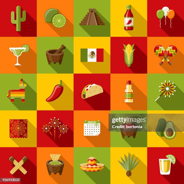 stockillustraties, clipart, cartoons en iconen met mexico platte ontwerp icon set met kant schaduw - chocoladesaus