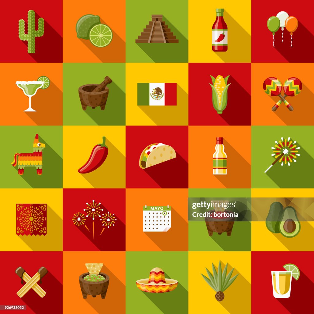 Mexico Flat Design Icon Set with Side Shadow