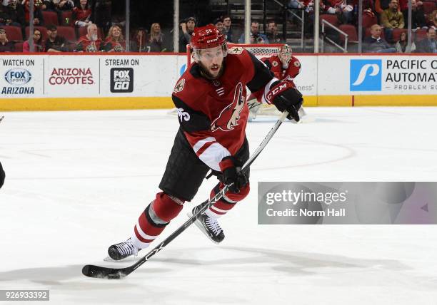 Jason Demers of the Arizona Coyotes passes the puck up ice against the Minnesota Wild at Gila River Arena on March 1, 2018 in Glendale, Arizona.