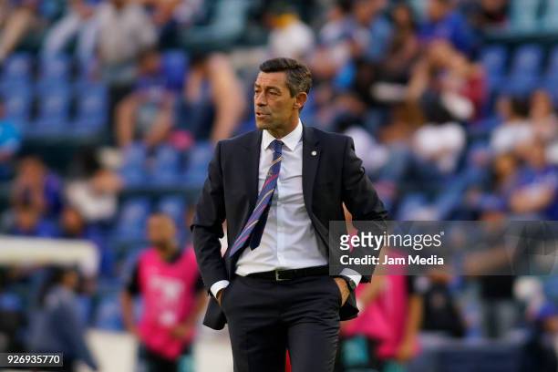 Pedro Caixinha coach of Cruz Azul react during the 10th round match between Cruz Azul and Queretaro as part of the Torneo Clausura 2018 Liga MX at...