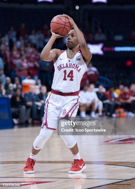 Oklahoma Shaina Wellington shooting a jumper during the Oklahoma Sooners Big 12 Women's Championship game versus the TCU Horned Frogs on March 3 at...