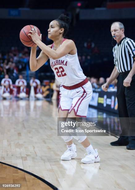 Oklahoma Ana Llanusa setting to shoot a three pointer during the Oklahoma Sooners Big 12 Women's Championship game versus the TCU Horned Frogs on...