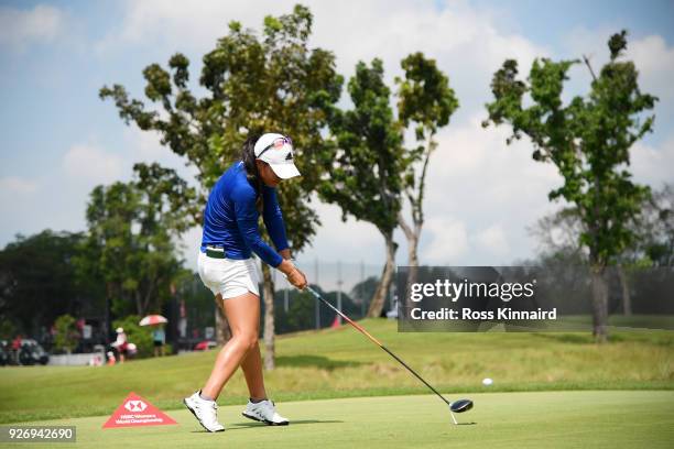 Danielle Kang of the United States plays her shot from the eighth tee during the final round of the HSBC Women's World Championship at Sentosa Golf...