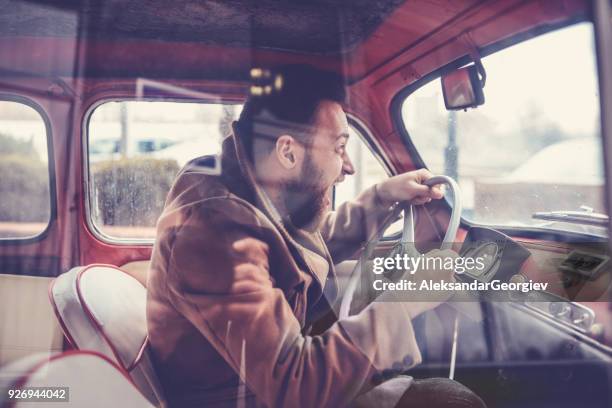 furious male driving fast with old style car and screaming - driving humor stock pictures, royalty-free photos & images