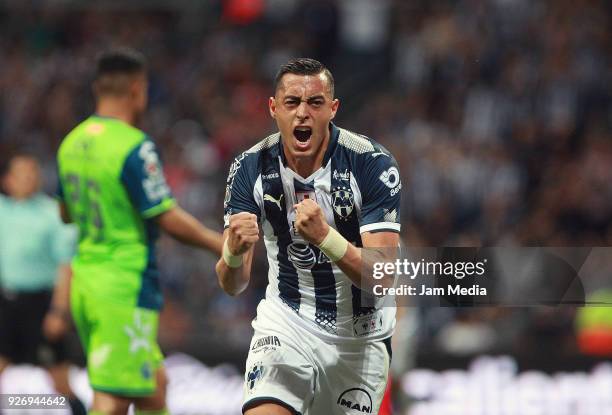 Rogelio Funes Mori of Monterrey celebrates after scoring the first goal of his team, during the 10th round match between Monterrey and Puebla as part...