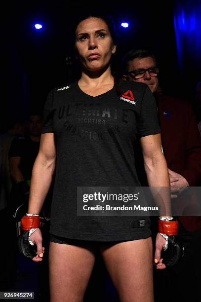 Cat Zingano prepares to fight Ketlen Vieira of Brazil in their women's bantamweight bout during the UFC 222 event inside T-Mobile Arena on March 3,...