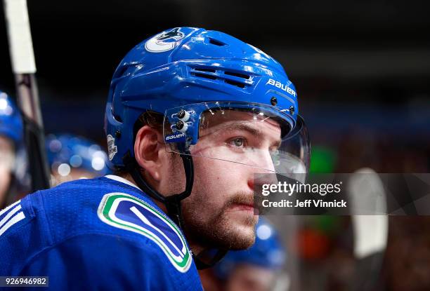 Sven Baertschi of the Vancouver Canucks looks on from the bench during their NHL game against the New York Rangers at Rogers Arena February 28, 2018...