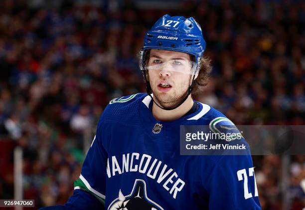 Ben Hutton of the Vancouver Canucks skates up ice during their NHL game against the New York Rangers at Rogers Arena February 28, 2018 in Vancouver,...