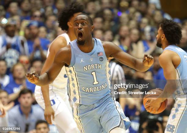 Theo Pinson of the North Carolina Tar Heels reacts after a play against the Duke Blue Devils during their game at Cameron Indoor Stadium on March 3,...