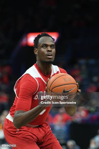 Bradley center Koch Bar gets ready to shoot a freethrow during a Missouri Valley Conference Basketball Tournament game between the Loyola Ramblers...