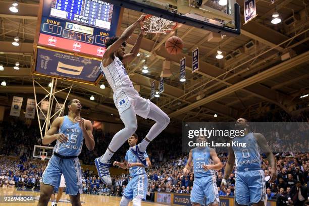 Marvin Bagley III of the Duke Blue Devils dunks the ball against the North Carolina Tar Heels at Cameron Indoor Stadium on March 3, 2018 in Durham,...