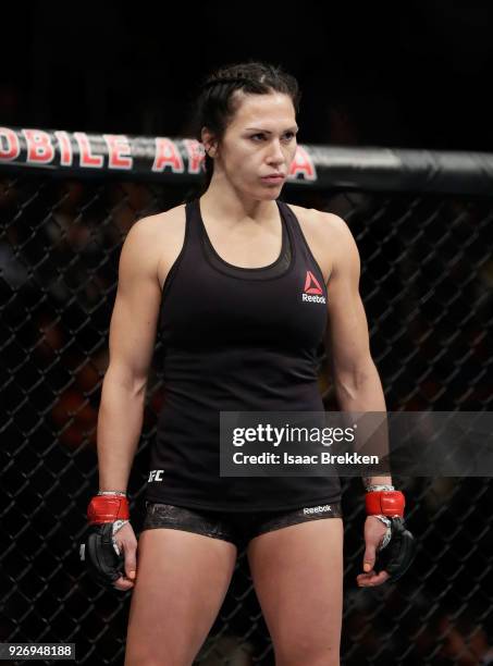 Cat Zingano waits for a round to begin during a women's bantamweight bout during UFC 222 at T-Mobile Arena on March 3, 2018 in Las Vegas, Nevada.