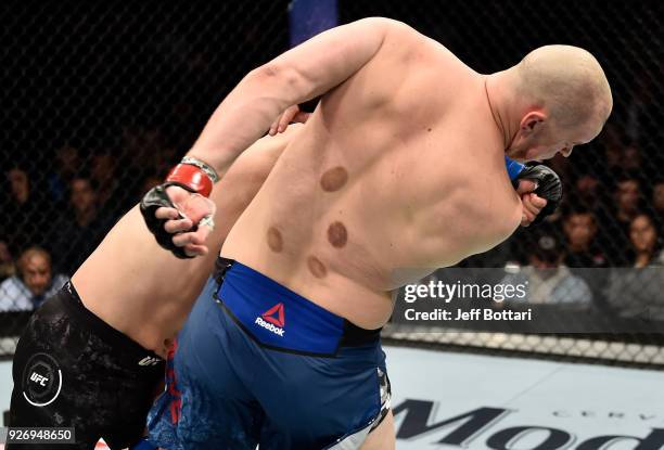 Andrei Arlovski of Belarus punches Stefan Struve of The Netherlands in their heavyweight bout during the UFC 222 event inside T-Mobile Arena on March...