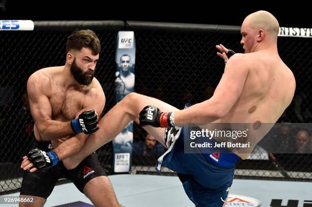 Stefan Struve of The Netherlands kicks Andrei Arlovski of Belarus in their heavyweight bout during the UFC 222 event inside T-Mobile Arena on March...