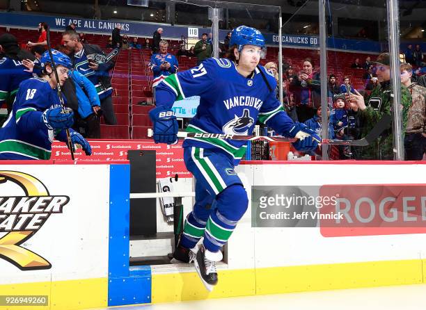 Ben Hutton of the Vancouver Canucks steps onto the ice during their NHL game against the New York Rangers at Rogers Arena February 28, 2018 in...