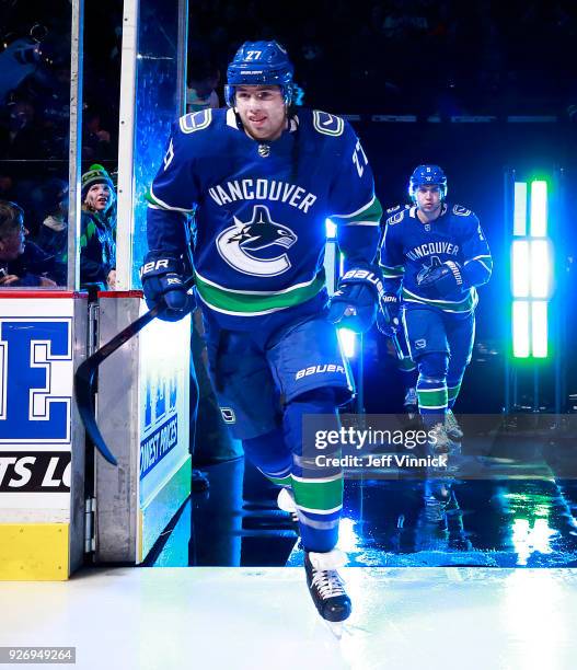 Ben Hutton of the Vancouver Canucks steps onto the ice during their NHL game against the New York Rangers at Rogers Arena February 28, 2018 in...