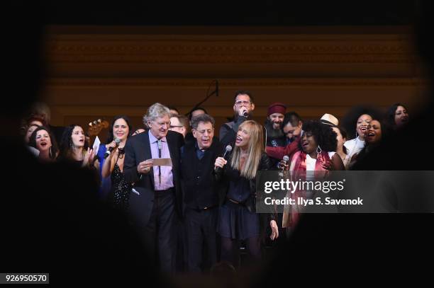 Tibet House Co-Founder and President Robert Thurman, Philip Glass, Carly Simon and the Resistance Revival Chorus perform onstage at the 31st Annual...