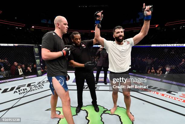 Andrei Arlovski of Belarus celebrates after his unanimous-decision victory over Stefan Struve of The Netherlands in their heavyweight bout during the...