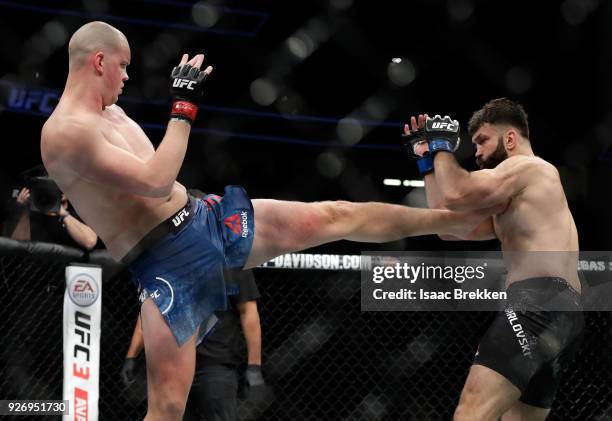 Stefan Struve kicks Andrei Arlovski during their heavyweight bout during UFC 222 at T-Mobile Arena on March 3, 2018 in Las Vegas, Nevada.