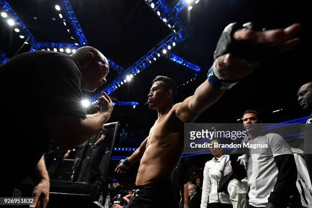 Andre Soukhamthath prepares to fight Sean O'Malley in their bantamweight bout during the UFC 222 event inside T-Mobile Arena on March 3, 2018 in Las...