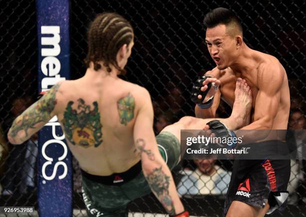 Sean O'Malley kicks Andre Soukhamthath in their bantamweight bout during the UFC 222 event inside T-Mobile Arena on March 3, 2018 in Las Vegas,...