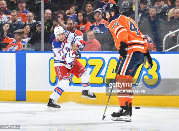 Anthony DeAngelo of the New York Rangers takes a shot during the game against the Edmonton Oilers on March 3, 2018 at Rogers Place in Edmonton,...