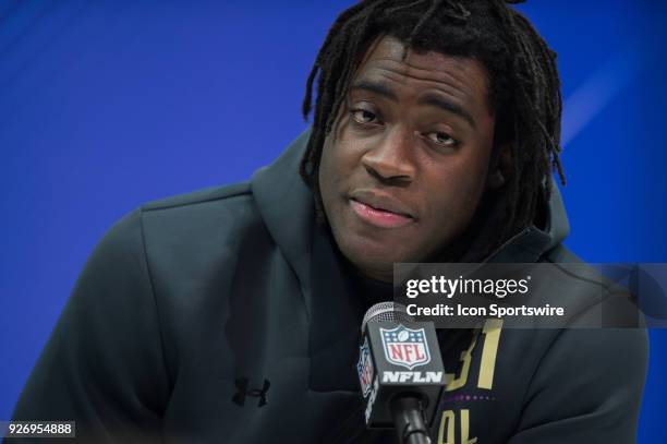 Wake Forest defensive lineman Duke Ejiofor answers questions from the media during the NFL Scouting Combine on March 3, 2018 at the Indiana...