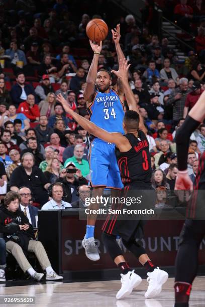 Josh Huestis of the Oklahoma City Thunder shoots the ball against the Portland Trail Blazers on March 3, 2018 at the Moda Center in Portland, Oregon....