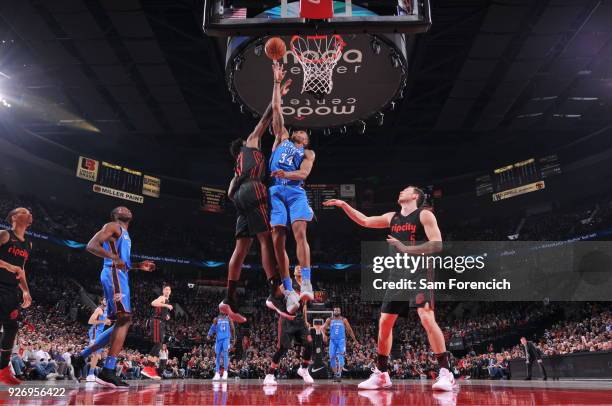 Josh Huestis of the Oklahoma City Thunder dunks against the Portland Trail Blazers on March 3, 2018 at the Moda Center in Portland, Oregon. NOTE TO...