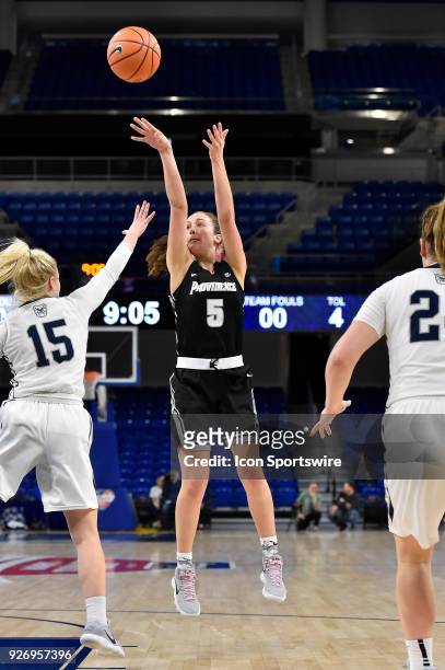 Providence Lady Friars guard Kyra Spiwak shoots over Butler Bulldogs guard Whitney Jennings during the game on March 3, 2018 at the Wintrust Arena...