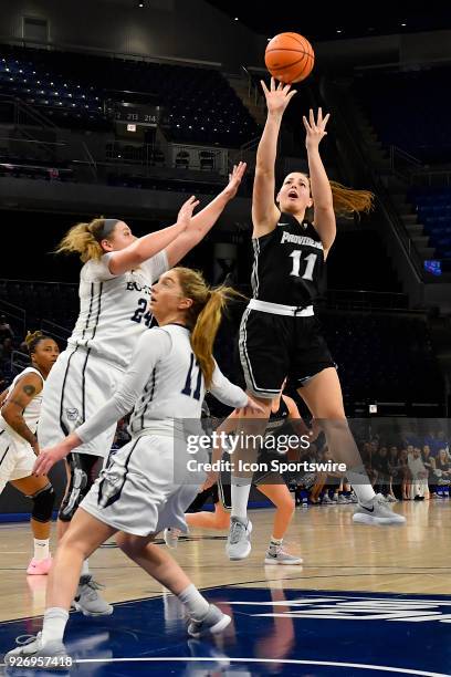 Providence Lady Friars guard Jovana Nogic shoots the basketball over Butler Bulldogs guard Kristen Spolyar during the game on March 3, 2018 at the...