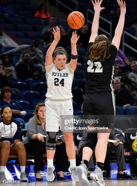 Butler Bulldogs guard Kristen Spolyar shoots a three pointer against Providence Lady Friars guard Olivia Orlando during the game on March 3, 2018 at...
