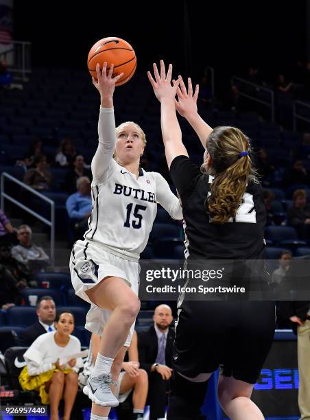 Butler Bulldogs guard Whitney Jennings shoots on Providence Lady Friars guard Olivia Orlando during the game on March 3, 2018 at the Wintrust Arena...