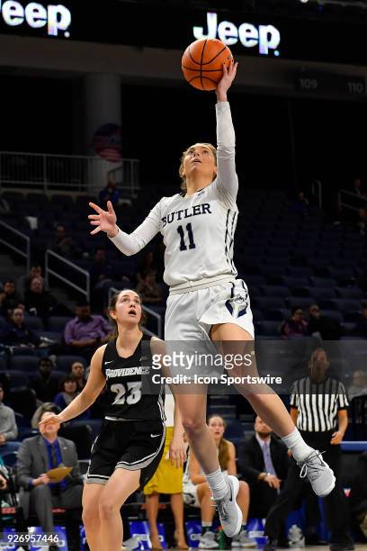 Butler Bulldogs guard Michelle Weaver shoots a layup on Providence Lady Friars guard Clara Che during the game on March 3, 2018 at the Wintrust Arena...