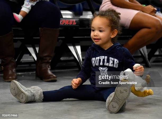 Butler Bulldogs fan is seen playing during the game against the Providence Lady Friars on March 3, 2018 at the Wintrust Arena located in Chicago,...