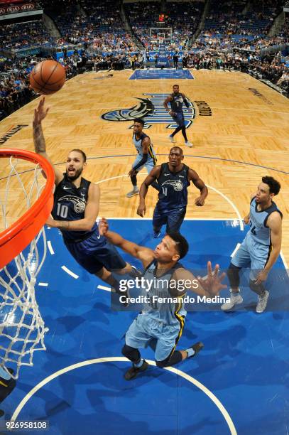 Evan Fournier of the Orlando Magic drives to the basket during the game against the Memphis Grizzlies on March 23, 2018 at Amway Center in Orlando,...