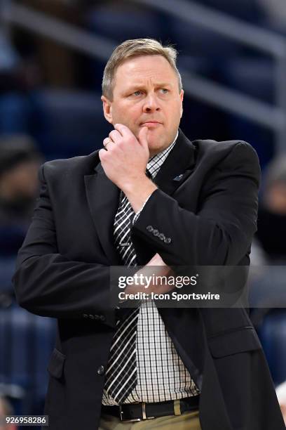 Butler Bulldogs head coach Kurt Godlevske looks on during the game against the Providence Lady Friars on March 3, 2018 at the Wintrust Arena located...