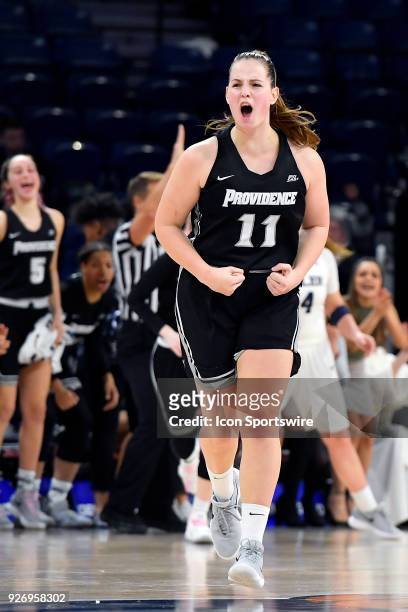 Providence Lady Friars guard Jovana Nogic reacts after making a three pointer during the game against the Butler Bulldogs on March 3, 2018 at the...