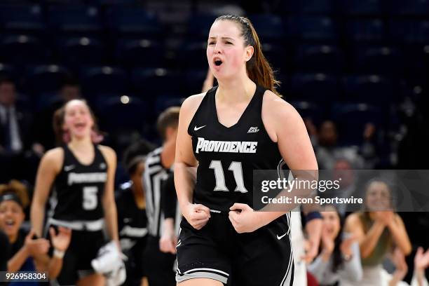 Providence Lady Friars guard Jovana Nogic reacts after making a three pointer during the game against the Butler Bulldogs on March 3, 2018 at the...