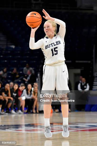 Butler Bulldogs guard Whitney Jennings shoots the basketball during the game against the Providence Lady Friars on March 3, 2018 at the Wintrust...