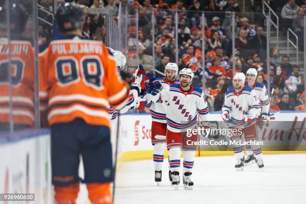 David Desharnais of the New York Rangers celebrates a goal against the Edmonton Oilers at Rogers Place on March 3, 2018 in Edmonton, Canada.