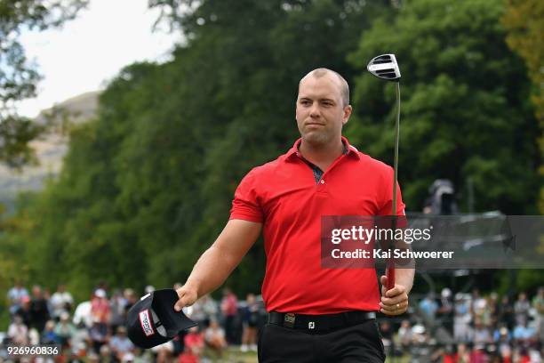 Daniel Nisbet of Australia reacts after winning the Brodie Breeze Challenge Cup during day four of the ISPS Handa New Zealand Golf Open at Millbrook...