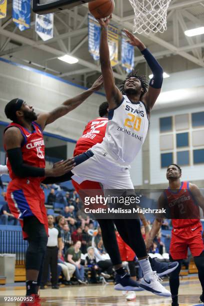 Diamond Stone of the Salt Lake City Stars shoots the ball against the Agua Caliente Clippers on February 03, 2018 at Lifetime Activities Center-Bruin...