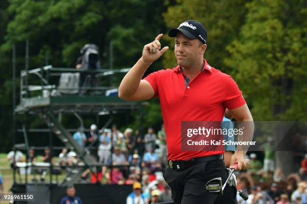 Daniel Nisbet of Australia reacts after winning the Brodie Breeze Challenge Cup during day four of the ISPS Handa New Zealand Golf Open at Millbrook...