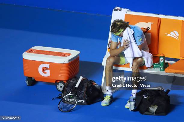 Alexander Zverev of Germany reacts during a semifinal match between Juan Martin del Potro of Argentina and Alexander Zverev of Germany as part of the...